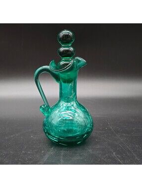 Vintage MCM Green Crackle Glass Miniature Cruet Pitcher Original Ball Stopper
